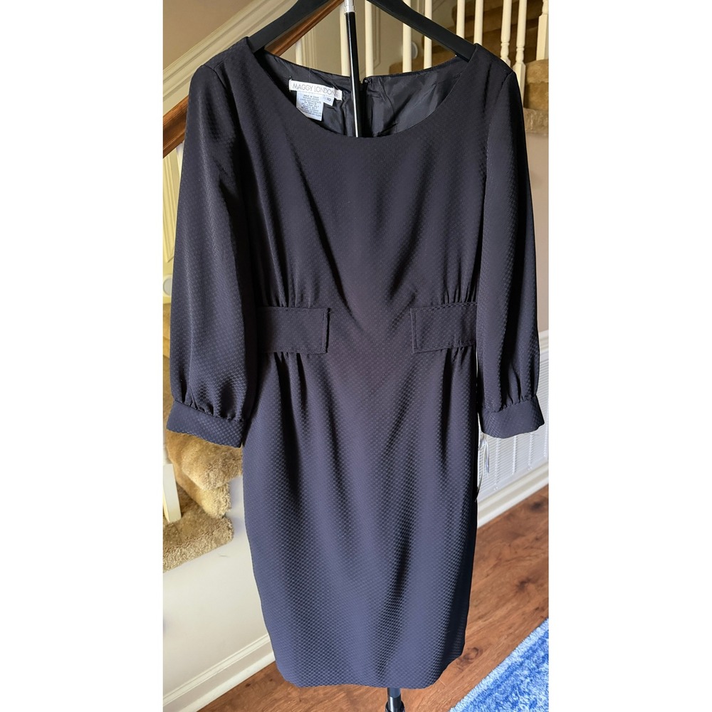 Maggy London Black Jacquard Sheath Dress 3/4 Sleeve Textured Size 10 NEW